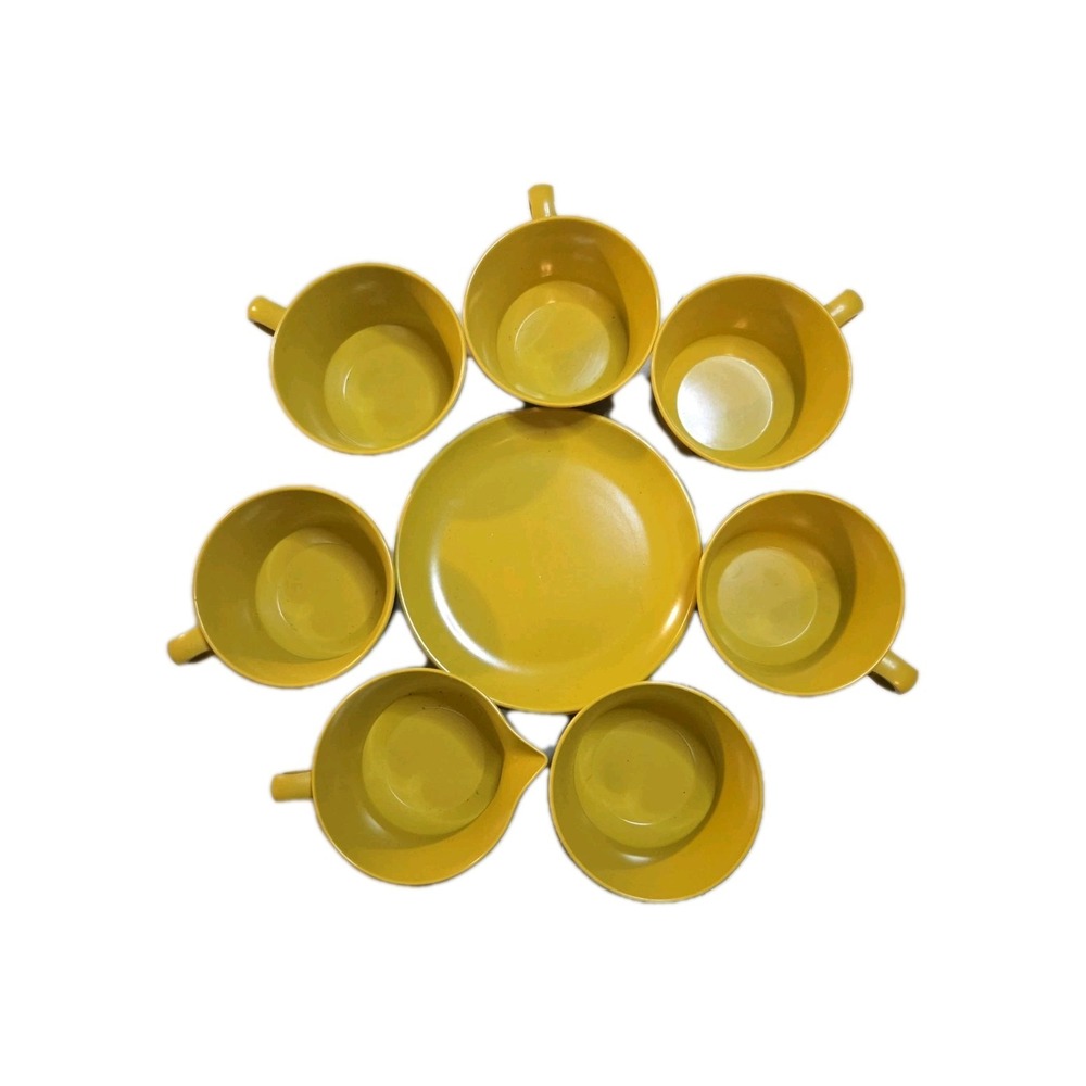 Vintage MCM Mustard Yellow Melamine Dinnerware Set Mugs Plates Creamer 15pc